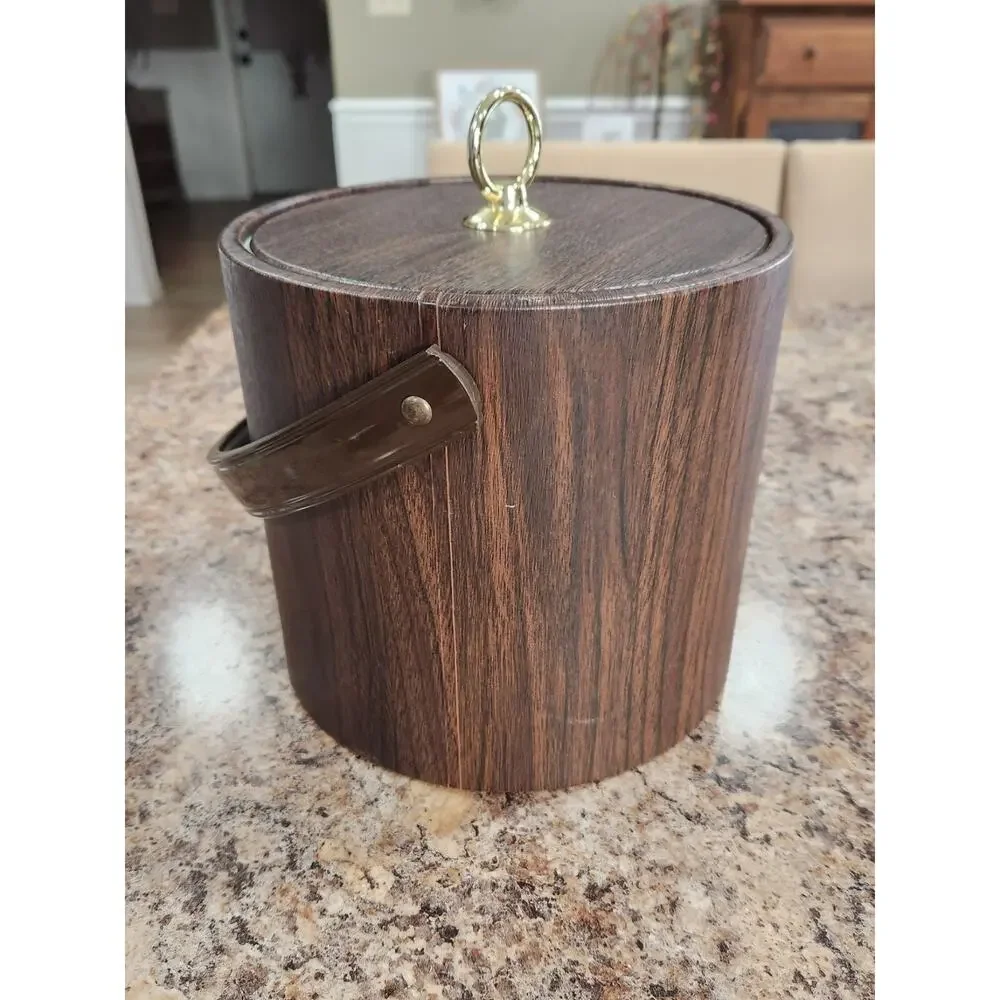 Ice Bucket Vintage Retro 1970s Vinyl Faux Wood Grain look
